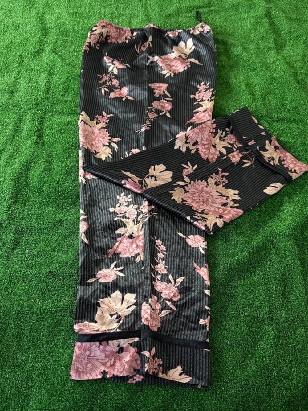 Unbranded Black Floral Stripe Satin Wide Leg Pajama Pants Elastic Waist Size L